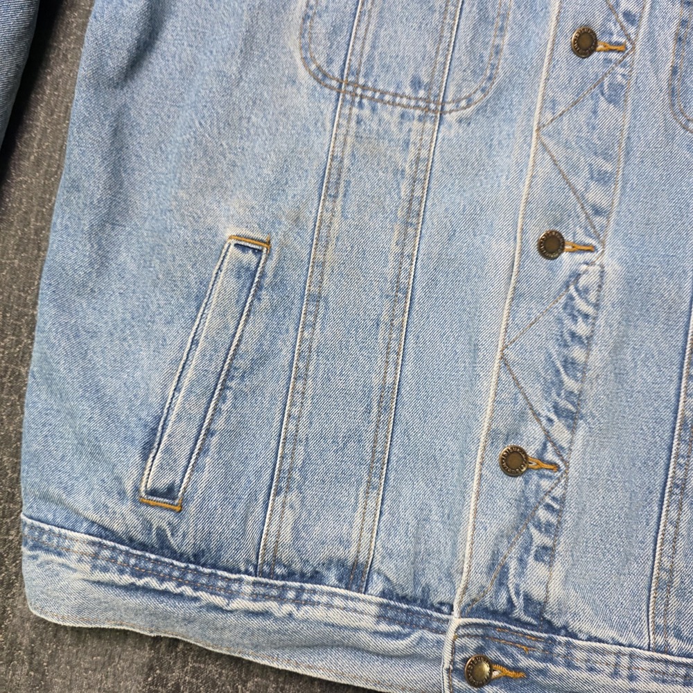 Vtg Wrangler Rugged Wear Trucker Jacket Mens XLT XL Tall Denim Pockets Biker Y2K - Picture 8 of 10